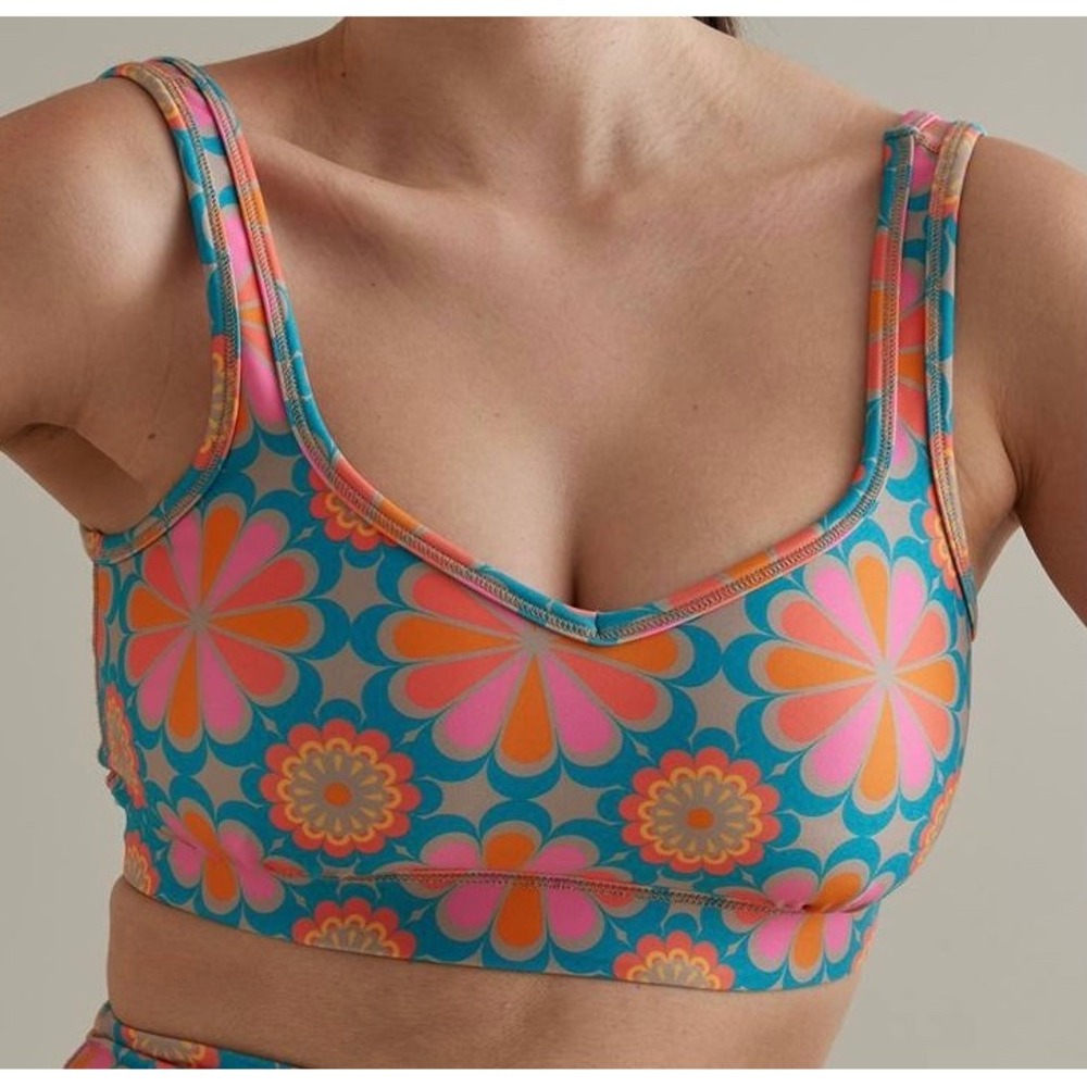 Beyond Yoga Anthropologie Sz Large Power Play Retro Floral Sports Bra Hippie 70s